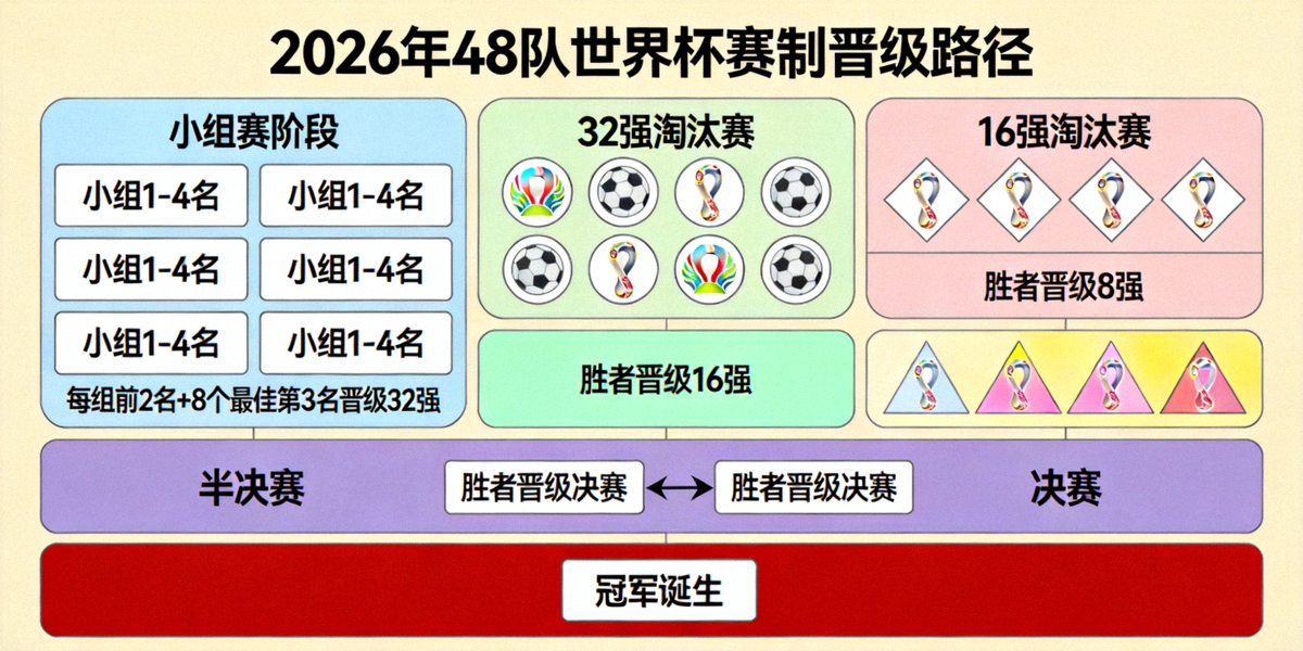 2026年48队世界杯赛制晋级流程图解，展示从小组赛到决赛的路径